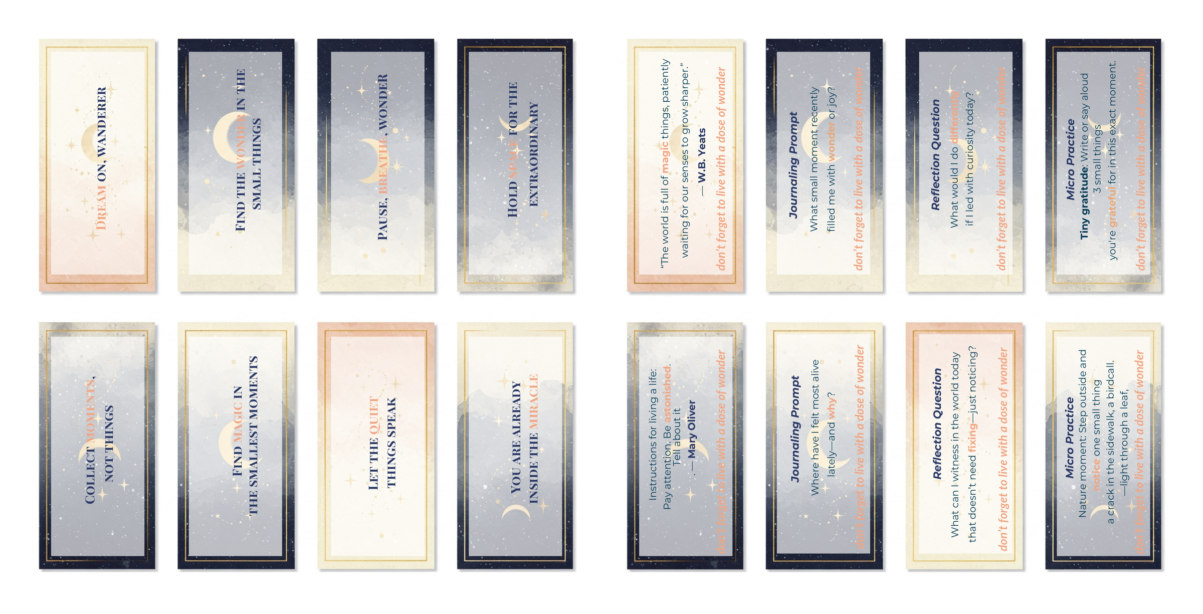 Two printable sheets of Dose of Wonder bookmarks side by side. The left sheet has eight short affirmations such as Dream on, wanderer and Find the wonder in the small things. The right sheet has eight prompts, practices and quotes, each ending with the line don't forget to live with a dose of wonder.